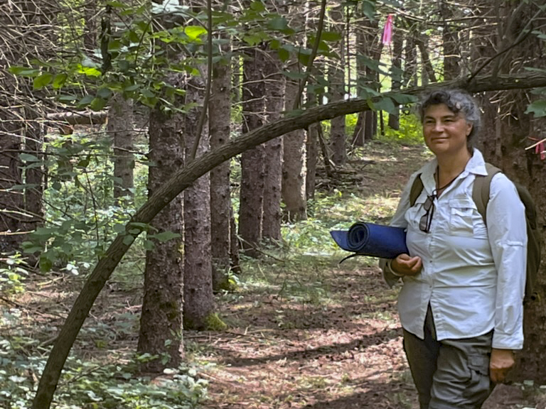 woman standing in pine forest beside path